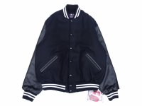 GAME SPORTSWEAR (ゲームスポーツウェア) Varsity Wool Leather Jacket オールブラックwithホワイトストライプ