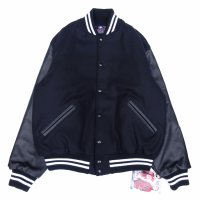 GAME SPORTSWEAR (ゲームスポーツウェア) Varsity Wool Leather Jacket オールブラックwithホワイトストライプ