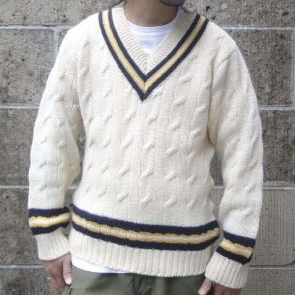 画像1: DULYN KNITWEAR (デュリンニットウェア) CRIKET P/O SWEATER アラン/ ネイビー/ ゴールド