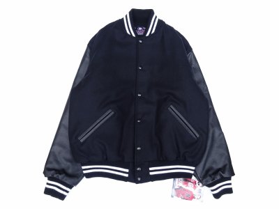 画像1: GAME SPORTSWEAR (ゲームスポーツウェア) Varsity Wool Leather Jacket オールブラックwithホワイトストライプ