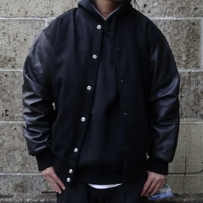 画像1: GAME SPORTSWEAR (ゲームスポーツウェア) Varsity Wool Leather Jacket ブラック×ブラック