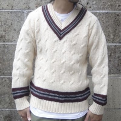 画像1: DULYN KNITWEAR (デュリンニットウェア) CRIKET P/O SWEATER アラン/バーガンディー/グレー