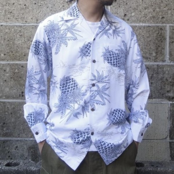 画像1: TWO PALMS (トゥーパームス) L/S Hawaiian collar shirt / Rayon PINEAPPLE MAP ホワイト (1)