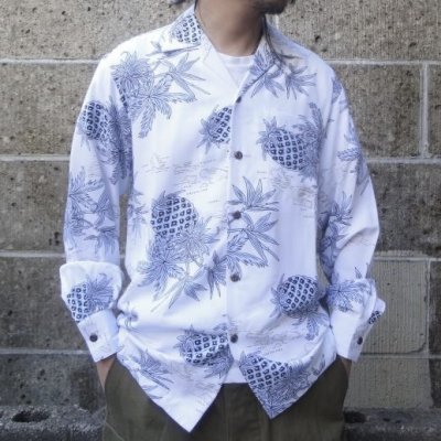 画像1: TWO PALMS (トゥーパームス) L/S Hawaiian collar shirt / Rayon PINEAPPLE MAP ホワイト